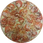Presunto: Moda da Casa - Pizza Grande (Ingredientes: Molho,  Presunto,  Atum,  Palmito, Muçarela,  Ovo,  Tomate,  Bacon,  Cebola,  Orégano,  Azeitonas)