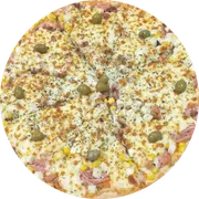 Especiais: À Moda - Pizza Grande (Ingredientes: Molho de Tomate Artesanal, Presunto, Ervilha, Palmito, Bacon Crocante, Mussarela Derretida, Azeitonas Sem Caroço)