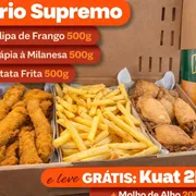 Trio: Trio Supremo + Refri Grátis - Trio (Ingredientes: 1 Bisnaga Creme de Alho ou Molho Tártaro 200g), 1 Refrigerante 2L Kuat ou Tubaína), 500g de Batata Frita, 500g de Tilápia à Milanesa, 500g Tulipa De Frango)