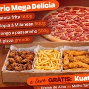 Trio: Trio Mega Delícia+ Pizza + Molho+ Refri - Trio Mega (Ingredientes: 1 Bisnaga Creme de Alho ou Molho Tártaro 200g), 1 Refrigerante 2L Kuat ou Tubaína), 500g de Batata Frita, 500g de Frango a Passarinho sobrecoxa), 500g de Tilápia à Milanesa)