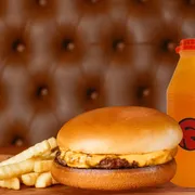 Burgers: KIDS BURGER + Suco Laranja 500ml - Burgers (Ingredientes: Pão Brioche,  Burguinho Angus 80g, Fatia Queijo Cheddar Natural,  Maionese Da Casa, Acompanha Fritas)