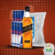 whisky + red bull + gelo: Kit Black Label 1L + 06 Red Bull 250ml + 01 Gelo 3kg)