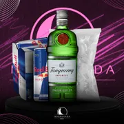 Kit Gin com Red Bull: Combo Tanqueray 750ml c/6 Red Bull + Gelo)