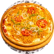 Tradicionais: Frango com Milho - Pizza Grande (Ingredientes: Cebola, Frango Desfiado, Milho, Molho, Mussarela, Orégano, Tomate)