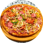 Tradicionais: Moda da Casa - Pizza Grande (Ingredientes: Azeitona, Bacon, Calabresa, Cebola, Ervilha, Milho, Molho, Mussarela, Ovo, Pimentão, Presunto, t o mate)