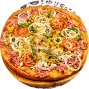 Tradicionais: Portuguesa - Pizza Grande (Ingredientes: Azeitona, Cebola, Ervilha, Milho Verde, Molho, Mussarela, Orégano, Ovos, Pimentão, Presunto, Tomate)