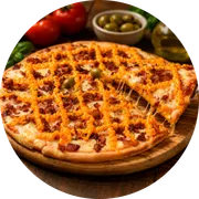 Especiais: Bacon e Cheddar - Pizza Grande (Ingredientes: Azeitona, Bacon, Cheddar, Molho, Mussarela, Orégano)