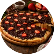 Doces: Brigadeiro - Pizza Grande (Ingredientes: Chocolate Granulado, massa coberta com brigadeiro, Morango, Mussarela)