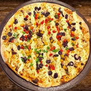 Sabores Leves: Vegetariana - Pizza Gigante (Ingredientes: Catupiry, Champignon, Mussarela, Palmito, Tomate Seco Agridoce, Azeitona, Molho de Tomate, Orégano, Pimentão)
