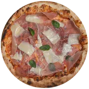 Tradicionais: La Tartufatta - Pizza Romana Grande (Ingredientes: Uma combinação refinada de presunto parma, lascas de parmesão e azeite trufado sobre base de molho de tomate italiano e mussarela, Sofisticada e envolvente, é a escolha para quem busca uma experiência gastronômica marcante)