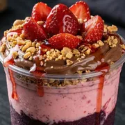 Açaí: Açai, Morango ao Leite e complementos 1000ml - Meio a Meio (Ingredientes: Açaí e Morango ao Leite + Ingredientes e Coberturas à Vontade + Opcional de 1 Sabor de Sorvete)