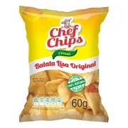 Salgadinhos: BATATA CHEFE CHIPS LISA 60G - A batata chips lisa de 60g (ou pesos aproximados como 62g) é um dos tamanhos de snacks mais populares do mercado, ideal para um lanche individual ou para dividir rapidamente
