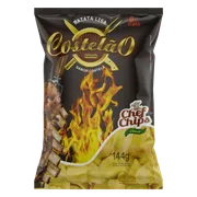 Salgadinhos: BATATA CRISP COSTELÃO - A expressão "Batata Crispy Costelão" refere-se geralmente às batatas chips industrializadas com sabor defumado e intenso de costela assada, sendo a Batata Chef Chips Lisa Costelão uma das versões mais conhecidas do mercado brasileiro