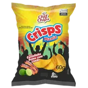 Salgadinhos: BATATA CRISPS COSTELA SUINA C/ LIMÃO - A Batata Crisps Mania Costelinha Suína com Limão 60g, fabricada pela marca Chef Chips, é um snack crocante que combina o sabor defumado e salgado da costela de porco com o toque cítrico e refrescante do limão.