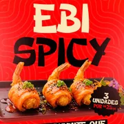 enroladinho de camarão: EBI SPICY 3 uni. - camarão empanado , crean cheese , envolto por salmão, pimenta sweet chili