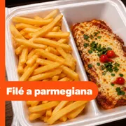 Porções Pequena 500g: A Parmegiana de Alcatra - Porções (Ingredientes: Alcatra a Parmegiana, Batata Frita)