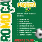 Combos: COMBO PAQUETA 20 peças - 2 niguiris salmão2 niguiri trufado2 niguiris maçaricado2 niguiris skin com limão2 niguiris bora defumando4 Uramaki Filadélfia4 Uramaki camarão crocante2 djo bacon crocante