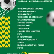 Combos: COMBO HEXA 90 peças - 10 Uramaki camarão crocante10 Uramaki Filadélfia10 Uramaki Crispy10 hossomaki salmão crocante12 sashimis variados2 niguiris trufado2 niguiris kani2 niguris skin2 niguiris peixe branco com pesto20 hots variados10 Uramaki molho pesto ( salmãoMaçaricado molho tare e molho pesto)
