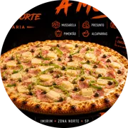 Tradicionais: À Moda - Pizza Grande (Ingredientes: Alcaparras, Azeitonas, Mussarela, Orégano, Palmito, Pimentão, Presunto)