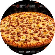 Tradicionais: Baiana Coberta Com Mussarela - Pizza Grande (Ingredientes: Azeitonas, Calabresa Moída, Cebola, Coberta Com Mussarela, Molho Apimentado, Orégano, Ovos)