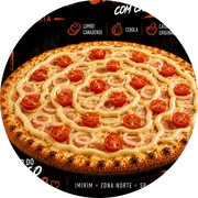 Especiais: Lombo Canadense Coberto Com Catupiry - Pizza Grande (Ingredientes: Azeitonas, Cebola, Coberto Com Catupiry, Lombo Canadense, Orégano, Tomate Cereja)