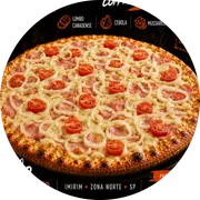 Especiais: Lombo Canadense Coberto Com Mussarela - Pizza Grande (Ingredientes: Azeitonas, Cebola, Coberto Com Mussarela, Lombo Canadense, Orégano, Tomate Cereja)