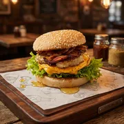 100% Artesanal: TROPICAL BURGUER - Linha 100% Artesanal (Ingredientes: Carne, Bacon, Abacaxi Com Mel, Salada)