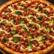 Especiais: Bacon com Brócolis - Pizza Grande (Ingredientes: Bacon, Brócolis, Catupiry, Molho, Mussarela, Orégano)