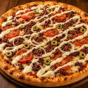 Premium: Carne seca com Catupiry - Pizza Grande (Ingredientes: Azeitona, carne de sol desfiada, Catupiry, Cebola, Molho, Mussarela, Orégano, Tomate)