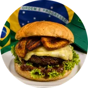 Sanduíches: X-Banana - Hambúrguer (Ingredientes: Alface, Banana, Carne, Pão, presunto de peru, Queijo, Tomate)
