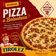 Especiais: Bolonhesa - Pizza Grande (Ingredientes: azeitonas fatiadas, carne moída ao molho, mussarela ralada, Orégano, Requeijão Tirolez)