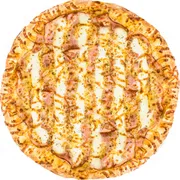 Carnes: Lombo com Requeijão - Pizza Pequena (Ingredientes: Molho, Extra Mussarela, Lombo fatiado, Requeijão)