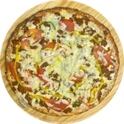 Tradicional: Bolonhesa - Pizza Pequena (Ingredientes: Molho de Tomate,  Mussarela,  Pimentão,  Tomate, Carne Moída,  Orégano)