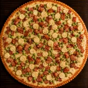 Salgadas: Delícia - Pizza Grande (Ingredientes: Molho, Mussarela, Ervilha, Palmito, Bacon, Orégano)