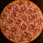Salgadas: Faustão - Pizza Grande (Ingredientes: Molho, Mussarela, Calabresa, Presunto, Lombo Canadense, Cebola, Orégano)