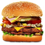 Hambúrguer: 20- Aprisco X Tudo - Lanche (Ingredientes: Alface, Bacon, Calabresa, Cebola, Frango desfiado, Hambúrguer, Ketchup, Maionese, Milho, Molho Especial, Mostarda, Ovo, Pão, Presunto, Queijo Cheddar Fatia, Tomate)