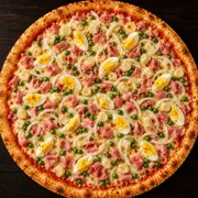 Salgadas: Portuguesa - Pizza Grande (Ingredientes: Molho, Presunto, Ervilha, Palmito, Cebola, Ovo, Mussarela, Orégano)