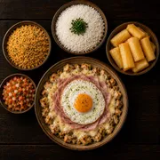 Pratos: Filé Forno à Lenha Com Mandioca - Prato | G (Ingredientes: Filé, Queijo, Presunto, Ovo, Farofa, Vinagrete, Arroz Branco, Mandioca)