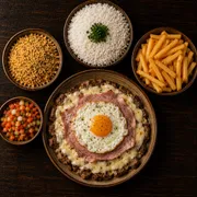 Pratos: Filé Forno à Lenha Com Batata Frita - Prato | G (Ingredientes: Filé, Queijo, Presunto, Ovo, Farofa, Vinagrete, Arroz Branco, Batata Frita)
