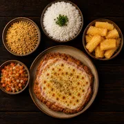 Pratos: Filé à JK Com Mandioca - Prato | G (Ingredientes: Filé à Milanesa Com Queijo, Presunto, Farofa, Vinagrete, Arroz Branco, Mandioca)