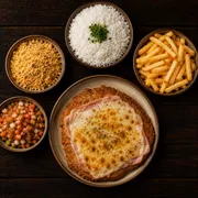 Pratos: Filé à JK Com Batata Frita - Prato | G (Ingredientes: Filé à Milanesa Com Queijo, Presunto, Farofa, Vinagrete, Arroz Branco, Batata Frita)