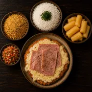 Pratos: Frango à JK Com Mandioca - Prato | G (Ingredientes: Frango à Milanesa Com Queijo, Presunto, Farofa, Vinagrete, Arroz Branco, Mandioca)