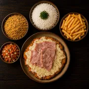 Pratos: Frango à JK Com Batata Frita - Prato | G (Ingredientes: Frango à Milanesa Com Queijo, Presunto, Farofa, Vinagrete, Arroz Branco, Batata Frita)