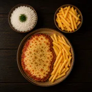 Pratos: Parmegiana de Tilápia - Prato | G (Ingredientes: Arroz Branco, Fritas, Molho de tomate)