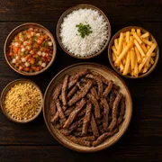 Pratos: Contra Filé à Moda - Prato | G (Ingredientes: Contra Filé, Vinagrete, Farofa, Arroz Branco, Fritas)