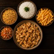 Pratos: Filé de Frango à Moda - Prato | G (Ingredientes: Filé de Frango, Vinagrete, Farofa, Arroz Branco, Fritas)