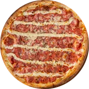 Carnes: Calabresa com Requeijão - Pizza Pequena (Ingredientes: Molho, Extra Mussarela, Calabresa fatiada, Requeijão, Orégano)