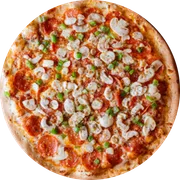 Carnes: Pepperoni Especial - Pizza Pequena (Ingredientes: Molho, Extra Mussarela, Champignon, Pimentão, Parmesão)
