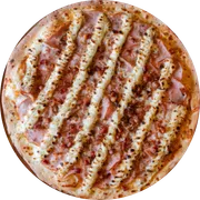 Carnes: Lombo Canadense - Pizza Pequena (Ingredientes: Molho, Muçarela, Lombo fatiado, Bacon cubos, Cream Cheese)