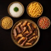 Pratos: Picanha à Moda - Prato | G (Ingredientes: Picanha, Farofa, Vinagrete, Arroz Branco, Batata Frita)